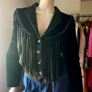 1990s Vintage Cache Black Fringe Leather & Suede Western Style Jacket